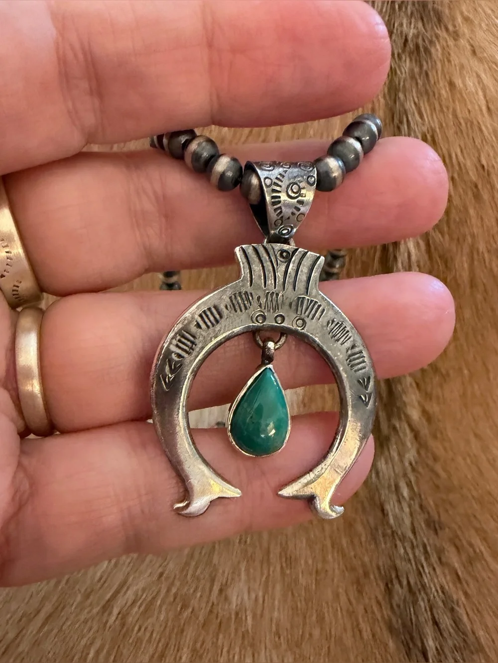 ❤️ Kingman Turquoise Hand Stamped Statement NAJA Oxidized Sterling Navajo Style